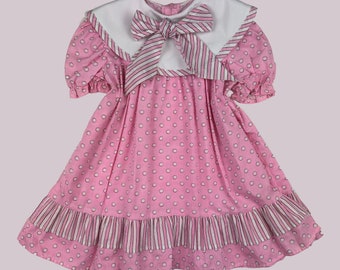 Vintage des années 80 SEARS doux bébé rose robe rayé à pois smocké sur le devant fantaisie occasion demoiselle d'honneur été printemps tenue