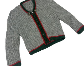 Pull zippé en tricot pour enfants vintage des années 70 inspiré par un designer de couleur gris vert rouge, chaîne à boutons