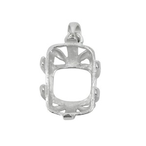 May include: Silver pendant setting with a square-shaped opening for a gemstone. The setting has a delicate, intricate design with a bail at the top for attaching a chain.
