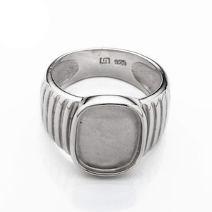 May include: A silver signet ring with a smooth, rectangular top and a textured band. The ring is marked with "925" on the inside.