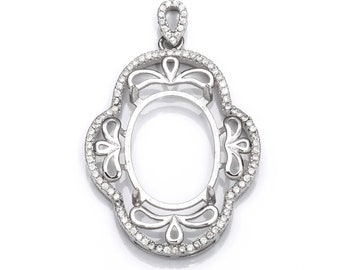 Pendant with Cubic Zirconia Inlays and Oval Mounting and Bail in Sterling Silver 14x19mm | MTP620