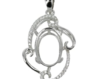 Curlicue-Framed Oval Pendant with Cubic Zirconias and Soldered Loop and Bail in Sterling Silver 10x14mm | MTP983