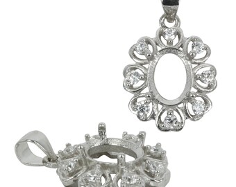 Oval Pendant Setting with CZ's Set Hearts and Oval Prongs Mounting including Bail in Sterling Silver 7x9mm | MTP1152