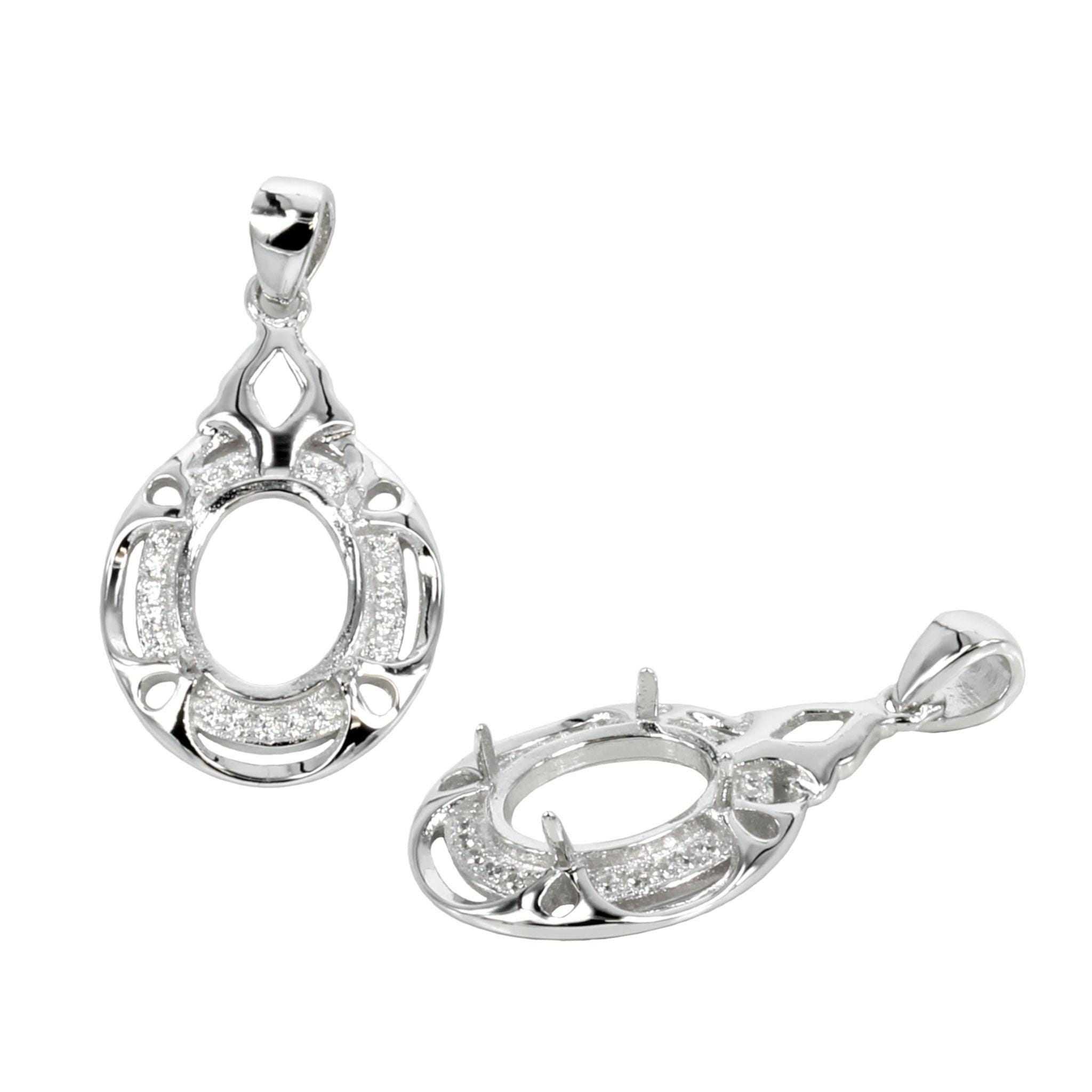 Oval Pendant Setting with CZ's and Oval Prongs Mounting including Bail in Sterling Silver 8x10mm | MTP452