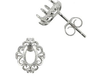 Scrollwork Oval CZ's Border Stud Earrings Settings with Oval Prongs Mounting in Sterling Silver 4x6mm