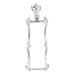 May include: Silver pendant setting with a delicate, ornate design. The setting features a rectangular opening for a stone and is adorned with small, clear cubic zirconia stones.