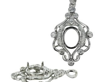 Oval Pendant Setting with CZ&#39;s & Flourishes and Oval Prongs Mounting including Bail in Sterling Silver 8x10mm | MTP1132