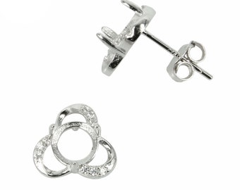 Trefoil Studs Earrings Settings with CZ's and Round Prongs Mounting in Sterling Silver 6mm