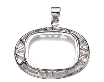 May include: Silver pendant with a decorative oval frame. The frame has a geometric design with a cutout in the center.