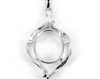 Rococo Framed Oval Pendant Setting with Oval Prongs Mounting including Bail in Sterling Silver Various Sizes | MTP912B