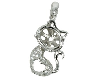 Heart Kitty Pendant in Sterling Silver with CZ's for 7x9mm Stones | MTP1230