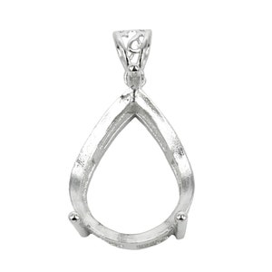 May include: Silver pendant setting with a pear-shaped bezel for a gemstone. The setting has a delicate filigree bail.