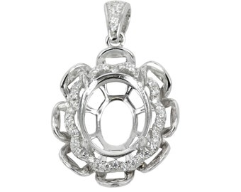 Oval Flower Pendant with Cubic Zirconias Set Frame and Soldered Loop and Bail in Sterling Silver 10x12mm | MTP967