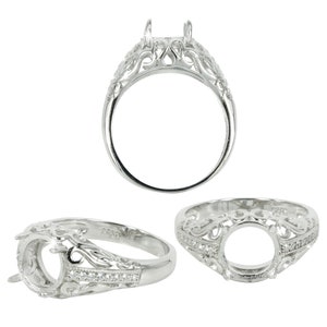 Filigree Gallery Ring Setting with CZ's and Round Prongs Mounting in Sterling Silver 8mm | MTR446