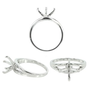May include: A silver ring setting with a six-prong head, shown from three different angles. The ring is marked "925" on the inside band.
