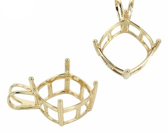 14K Gold Basket Pendant Setting with Square Prongs Mounting including Split Bail Cushions - Various Sizes | MTP834K14
