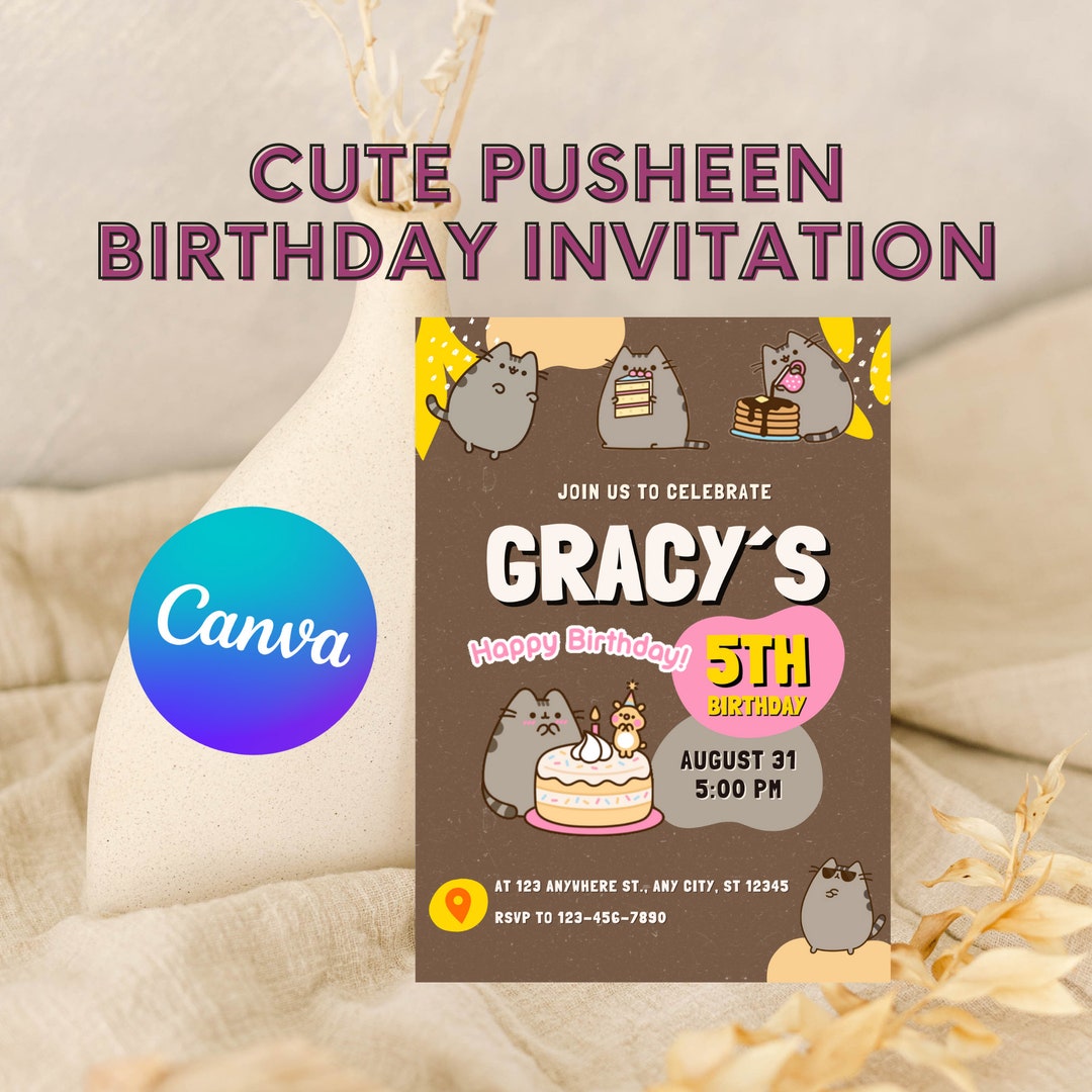 Editable Cute Pusheen Birthday Invitation DIY Cat Birthday - Etsy