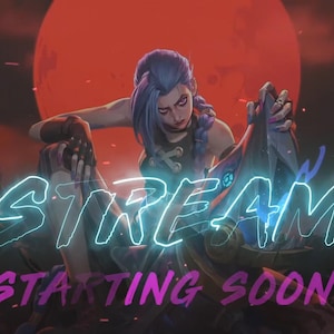 May include: A digital illustration of a female character with purple hair and a red background. The text "STREAM STARTING SOON" is in pink and blue neon letters.