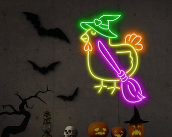 Witch Chicken Neon Sign,Happy Halloween Sign,Witchy Hat LED,Witch Hen Neon,Flying Broom Light,Animal Lover Sign,LED For Kids/Baby Room Decor