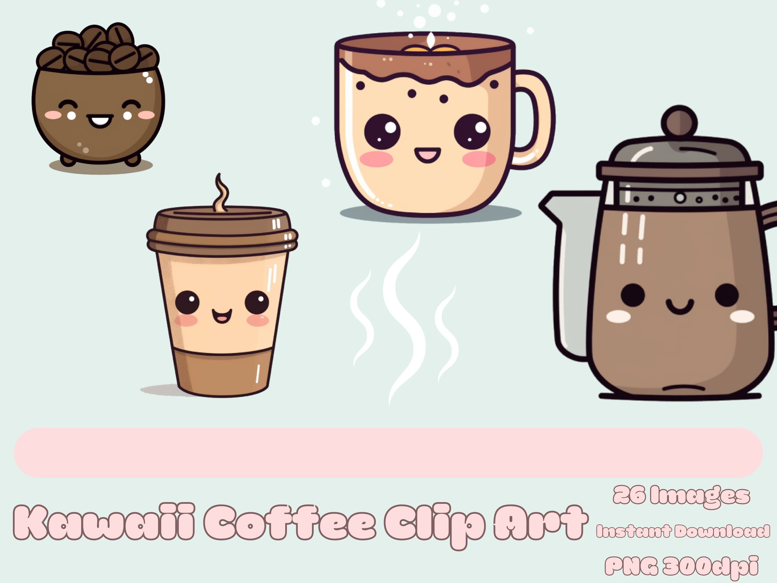 Cute kawaii coffee clip art set, kawaii drinks, coffee PNG