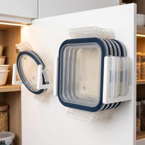 Puede incluir: Contenedores de almacenamiento de alimentos transparentes, apilables, con borde azul marino y tapas, montados en una pared blanca. Los contenedores cuadrados son plegables y están sujetos por soportes blancos. Una tapa está montada por separado.