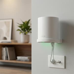 May include: A white cylindrical device, branded with "deco", mounted on a wall. It's connected to a power outlet with a white cable. A green light shines from the base of the device. The device is likely a network router.