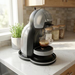 May include: A black and gray coffee machine dispensing coffee into a clear glass cup. The machine is on a white countertop with a plant in a pot and jars of ingredients in the background. The machine has the text "Dolce Gusto" on the side.