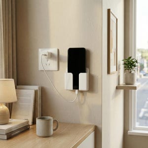 Könnte beinhalten: Ein weißer, an der Wand befestigter Telefonhalter mit einem schwarzen Smartphone, das über ein weißes Kabel geladen wird. Der Halter ist in der Nähe einer weißen Steckdose montiert. Eine kleine Topfpflanze steht auf einem Regal in der Nähe eines Fensters.