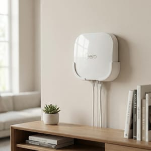 Op de afbeelding: Een wit eero Wi-Fi-systeem aan een beige muur. Het apparaat heeft een afgeronde vierkante vorm met de merknaam erop. Witte kabels lopen naar beneden. Een kleine vetplant in een witte pot staat op een houten plank.