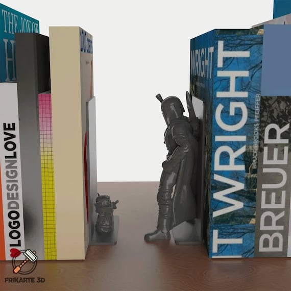 The Mandalorian and Baby Yoda Bookends, Star Wars Themed Bookshelf  Stoppers, Collectible Grogu Statue, Functional Library Accessory Decor