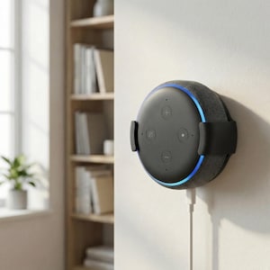May include: A black smart speaker with a fabric cover and blue light ring, mounted on a white wall with a black bracket. The speaker has volume and control buttons. A white power cord extends downward.