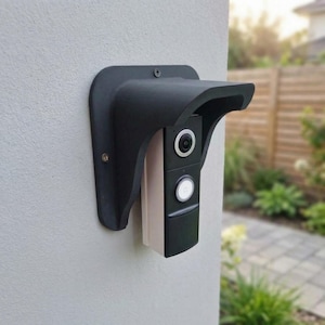 May include: A black video doorbell with a protective cover mounted on a light gray wall. The doorbell has a camera, a button, and a speaker. The cover is curved and provides shade. The background shows a garden and a walkway.