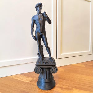 May include: A dark gray sculpture of David, standing on a decorative column. The statue is a detailed representation of the classical figure, with a smooth, reflective surface. The column features an ornate, scrolled design.