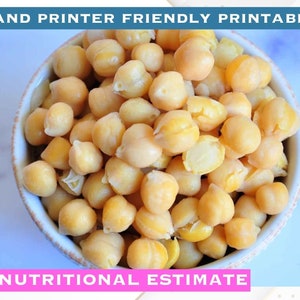 May include: A white bowl filled with cooked chickpeas. The bowl is on a light blue and white marble surface. The text "INSTANT POT CHICKPEAS" is at the top of the image. The text "DEVICE AND PRINTER FRIENDLY PRINTABLES" is below the bowl. The text "TIPS AND NUTRITIONAL ESTIMATE" is below the bowl. The text "STEP BY STEP INSTRUCTIONS WITH PHOTO" is below the bowl.