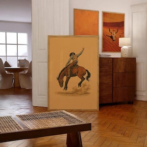 Ilustração de cowboy vintage, impressão de bronco empinando, arte de rodeio retrô, arte de parede estilo boho do sudoeste, pôster de equitação, cavalo retrô, decoração de parede de cowgirl