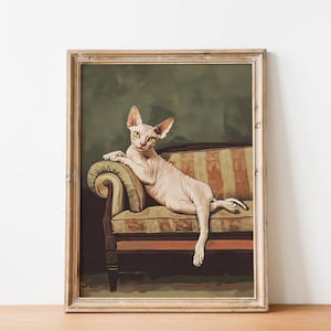 Sphynx Cat Printable Wall Art Cat on Vintage Sofa Cozy Neutral Pet Portrait Office DecorGreen Wall Art