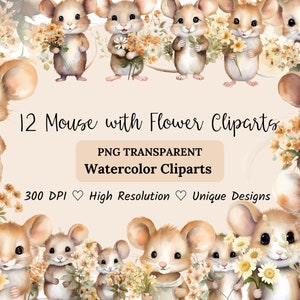 Mouse Clipart, Cute Mouse Png, Cartoon Mouse Clipart, Woodland Animal Clipart, Spring Png Floral Mouse, Commercial Use Clipart Transparent