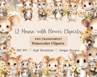Mouse Clipart Bundle, Cute Cartoon Mouse PNG, Woodland Animals, Spring Floral Mouse Art, Nursery Clipart, Commercial Use