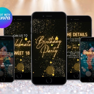 Digital Sweet 18 Birthday Invitation, Animated 18th Party Invite, Cute Gold Font Evite, Editable Thank You Ecard, 18th Invite