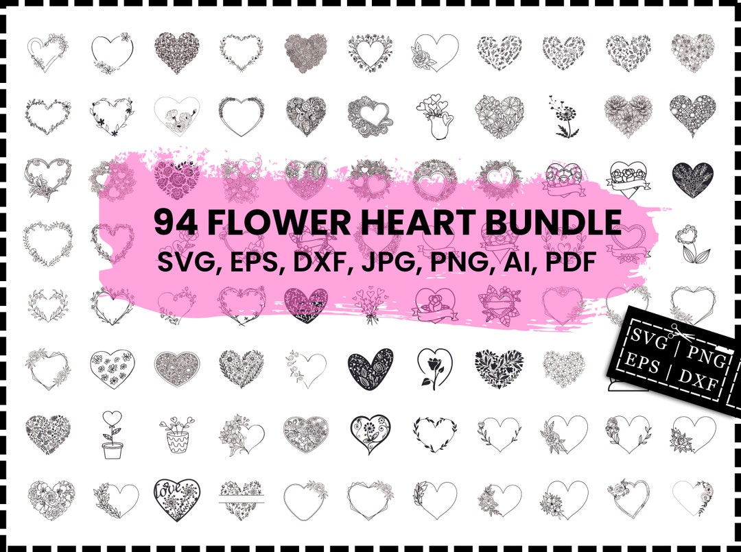 Flower Heart Svg Bundle, Floral Heart Svg, Heart Wreath Svg, Flower Svg ...