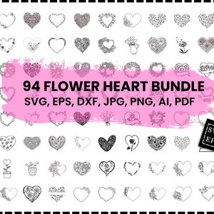 Pacote de Coração de Flor Svg, Coração Floral Svg, Coroa de Coração Svg, Flor Svg, Coração Svg, Flor Silvestre Svg, Floral Svg, Arquivos de Corte, Cricut, Png, Svg
