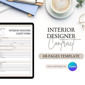 Pode incluir: Um tablet digital exibe um "Formulário de Cliente de Designer de Interiores" com campos para informações do cliente e detalhes do projeto. A imagem também mostra um modelo de "Contrato de Designer de Interiores".