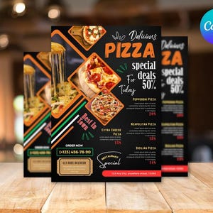 May include: A pizza menu with a black background, showcasing pizza images and the text "Delicious Pizza Special Deals 50% Today." The menu lists Pepperoni, Extra Cheese, Neapolitan, and Sicilian pizza options.