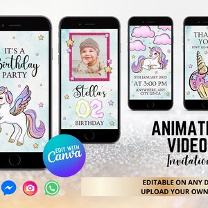Unicorn Birthday Invitation, Unicorn Party Invite, Unicorn Video Party, Editable Invitation, Video Invitation Template, Girl Birthday