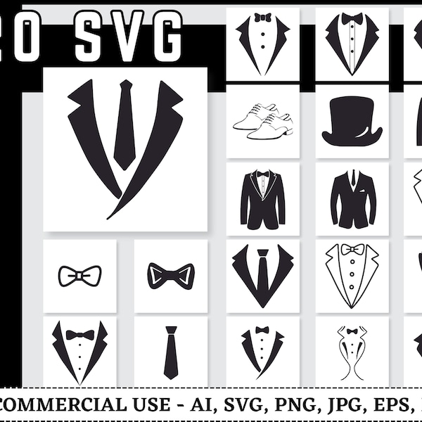 Tuxedo SVG Bundle, Tuxedo SVG, Tuxedo Clipart, Suit svg, Gentleman svg, Bow Tie Svg, neck tie svg, Tuxedo png, Tuxedo Shirt Svg, Cut Files
