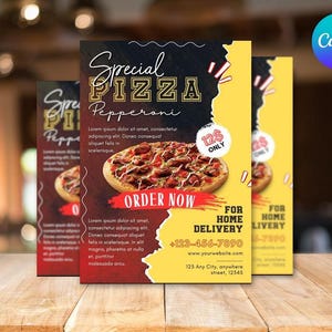Peut inclure: Flyer promotionnel pour "Special Pizza Pepperoni" avec une photo de pizza. Le design utilise du noir et du jaune, avec le texte "ORDER NOW" et "FOR HOME DELIVERY".