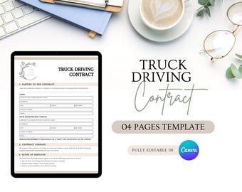 以下が含まれることがあります： デジタルタブレットには「Truck Driving Contract」のテンプレートが表示されています。「04 Pages Template」と「Fully Editable in Canva」というテキストが含まれています。キーボード、コーヒーカップ、メガネも表示されています。