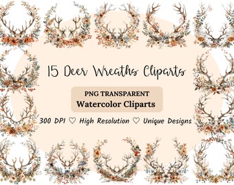 Watercolour Deer Wreath Clipart, Floral Deer Antlers PNG, Watercolor Antler Clipart, Floral Deer Wreath Art, Printable PNG Set