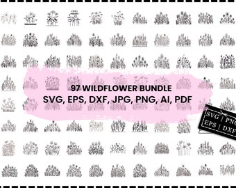 Pacote de flores silvestres Svg, flores silvestres Svg, moldura floral Svg, monograma dividido Svg, buquê Svg, floral Svg, natureza Svg, esboço de flores Svg