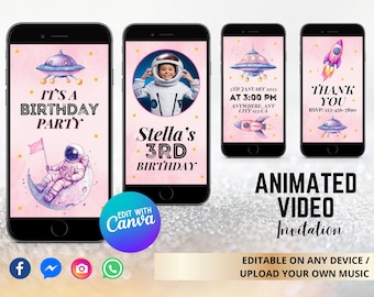 Video de invitación de cumpleaños rosa espacial, invitación de astronauta espacial, astronauta de cumpleaños, video de invitación de cumpleaños del espacio exterior, cohete Evite